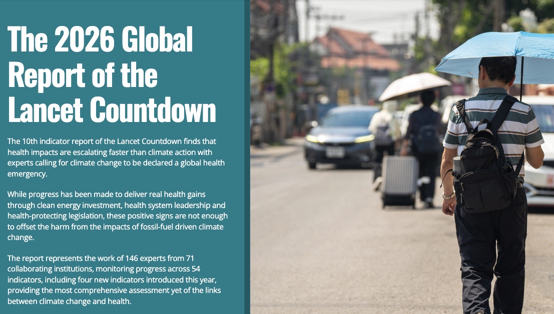 The 2026 Global Report of the Lancet Countdown, with a man walking under an umbrella to shade himself from the sun