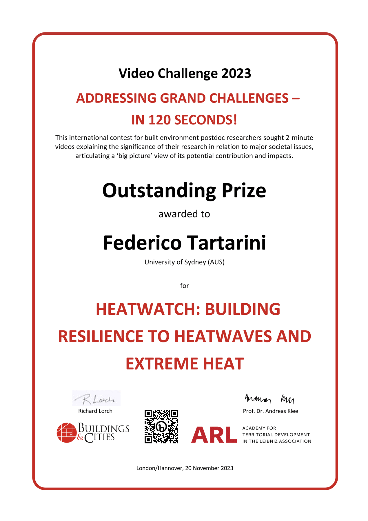 certificate of the award